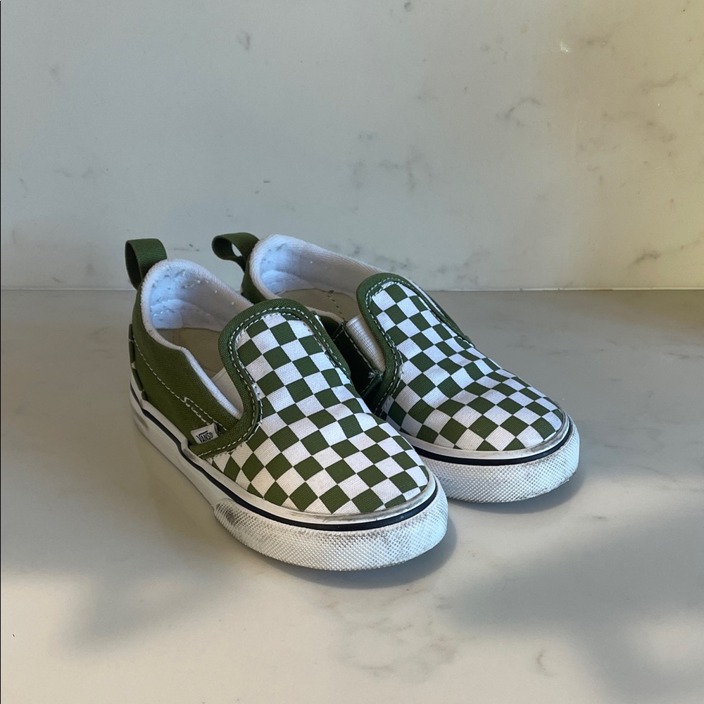Vans Kids Green and White Checkered Slip-On Sneakers